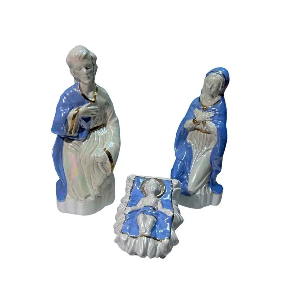 Porcelain Nativity Set Holy Family Joseph Mary Jesus Blue